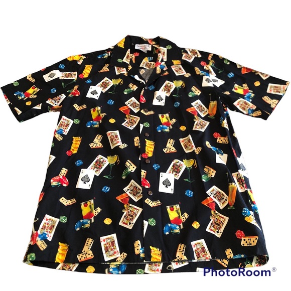 Other - Vintage Hawaiian Button Down Deck of Cards Dominos Drinks Shirt Mens Size Medium